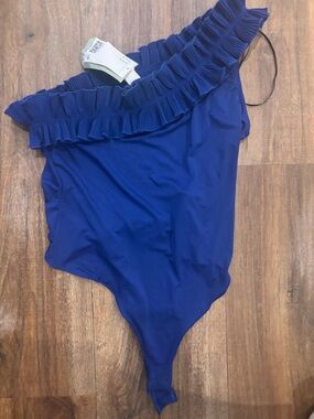H&M Royal Blue One-Shoulder Ruffle Bodysuit
